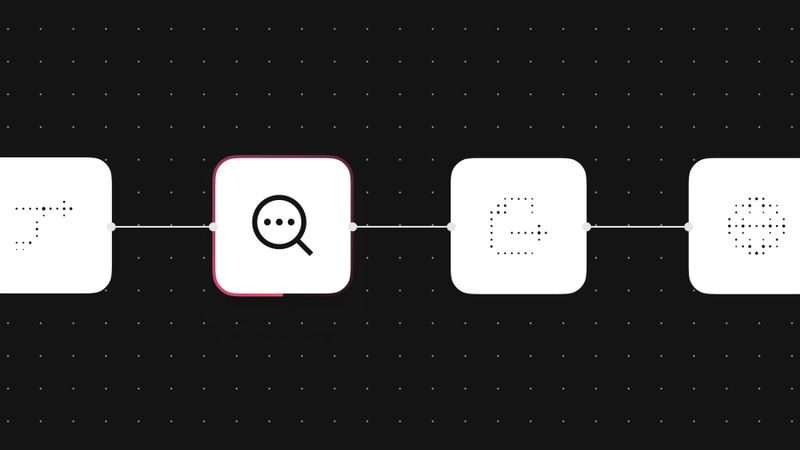 n8n workflow nodes with a search icon highlighted on a dark grid background illustrating AI observability