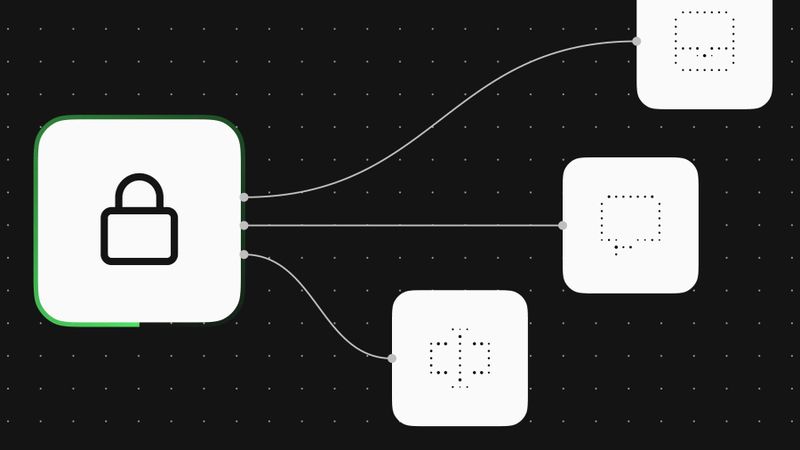 Illustration of a lock/security node connected to multiple output nodes on an n8n workflow canvas, representing AI security monitoring