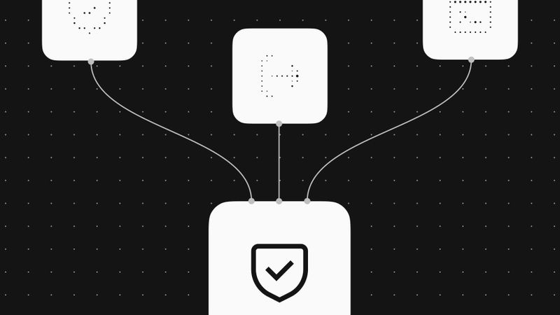 n8n workflow with three trigger nodes feeding into a shield-checkmark approval node