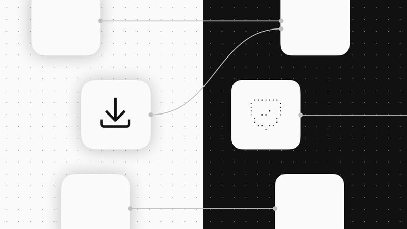 n8n workflow nodes with a version control download icon spanning light and dark environments illustrating workflow versioning