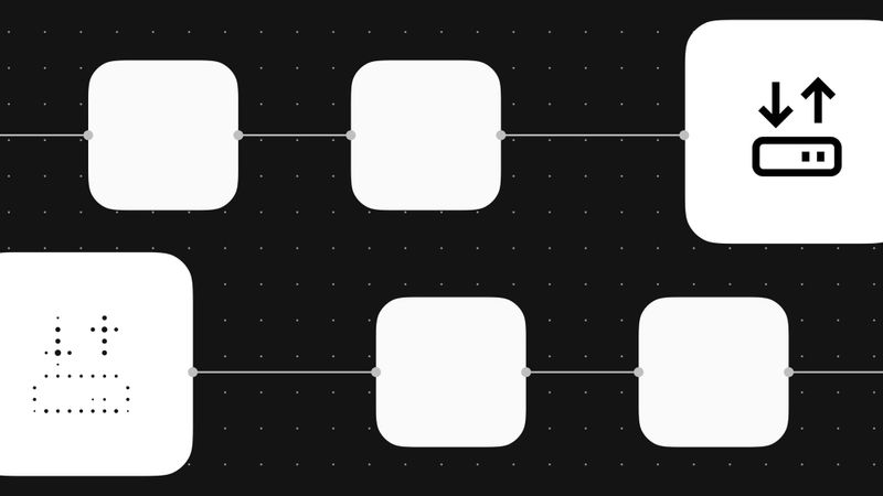 Abstract workflow icons including a server/database icon, representing connected automation steps between apps and API endpoints.