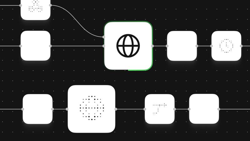 Workflow graphic with a highlighted globe node linked to other automation nodes (clock, branching, and connector icons), representing connected DevOps tools and scheduled steps.