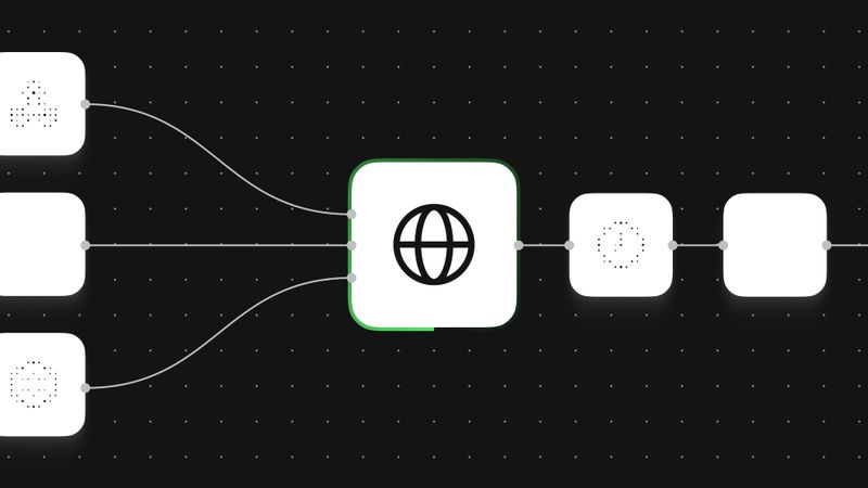 n8n workflow nodes connecting multiple systems through a central globe icon on a dark grid background illustrating enterprise workflow automation