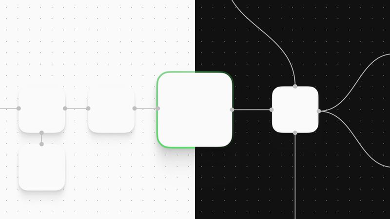 n8n workflow nodes spanning light and dark environments on a split grid background illustrating hybrid cloud integration