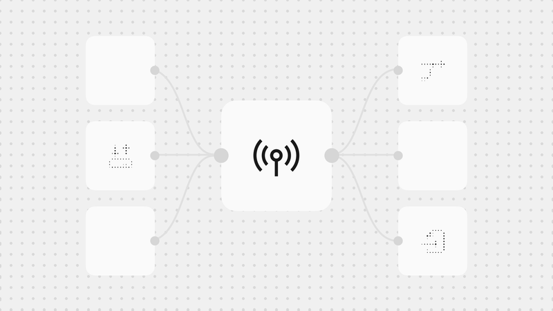 n8n workflow nodes connected to a central orchestration hub on a dark grid background illustrating process orchestration