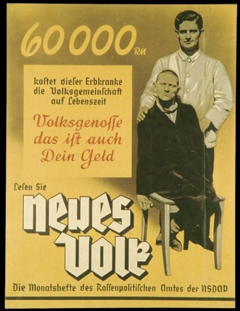 A Nazi-era German poster featuring a disabled man and a doctor