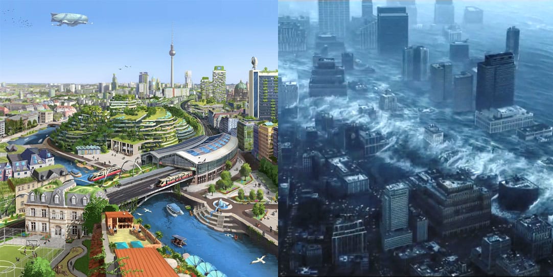 A split image showing a green-tech-fuelled future utopia, and a North American city being swept away by a raging flood