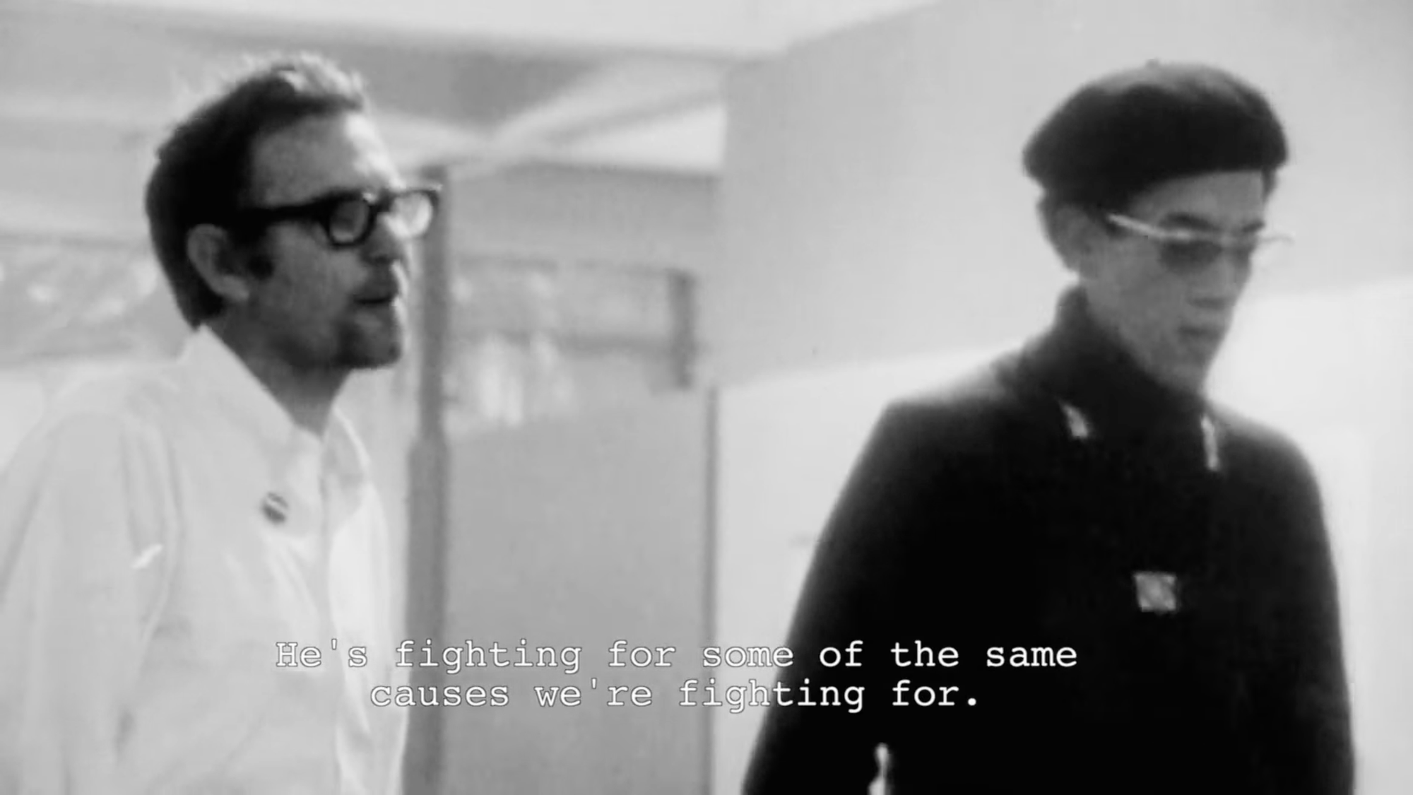 Still from the PBS documentary about the Black Panthers where a Hillbilly is saying ‘He’s fighting for the same causes we’re fighting for’ about Fred Hampton