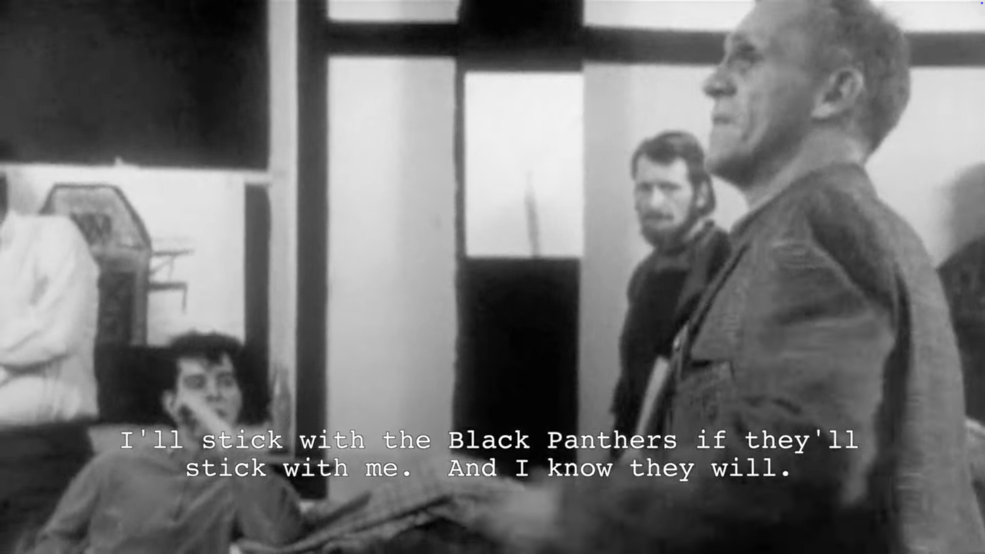Still from the PBS documentary about the Black Panthers where a Hillbilly is saying ‘I’ll stick with the Black Panthers if they’ll stick with me. And I know they will.’