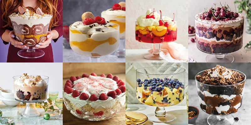 A montage of many trifles, all made with different ingredients