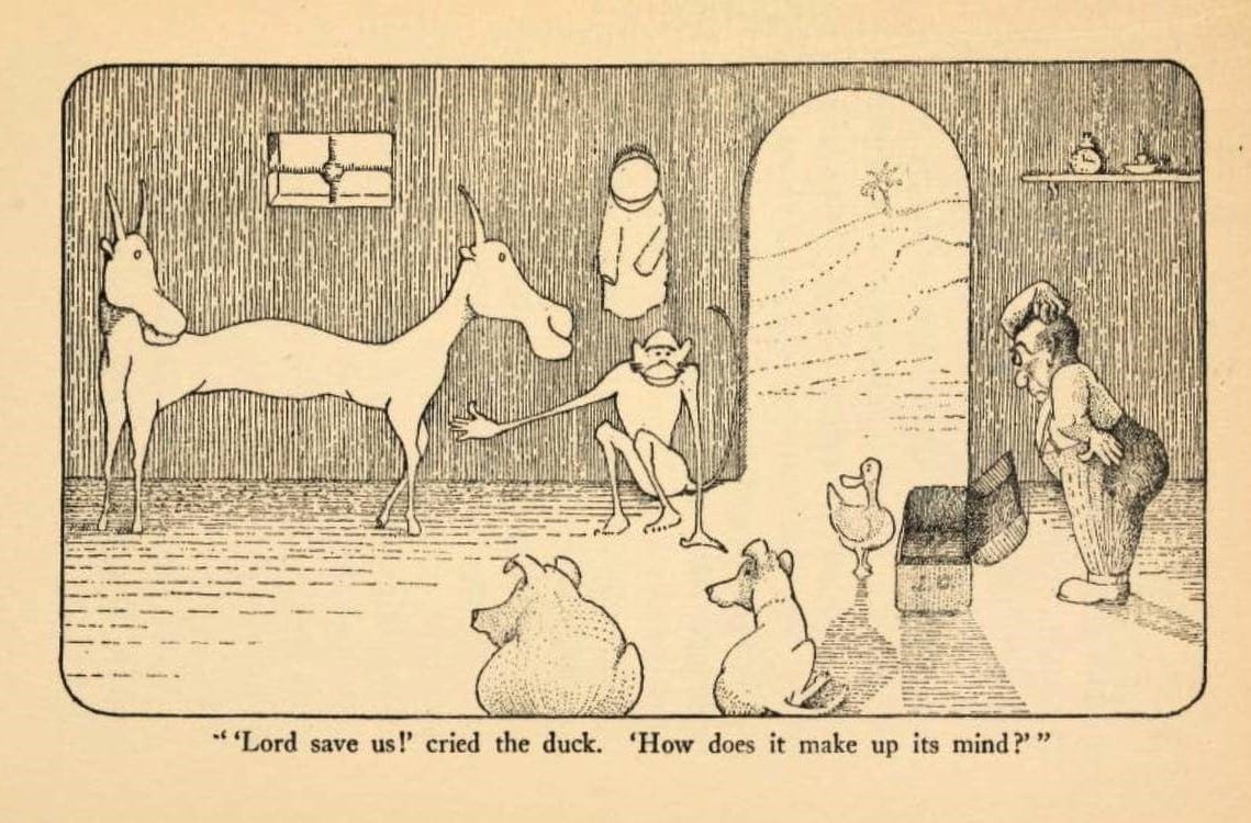 A cartoon showing a pushmi-pullu from Dr Doolittle, with the caption: “‘Lord save us!’ cried the duck. ‘How does it make up its mind?’”