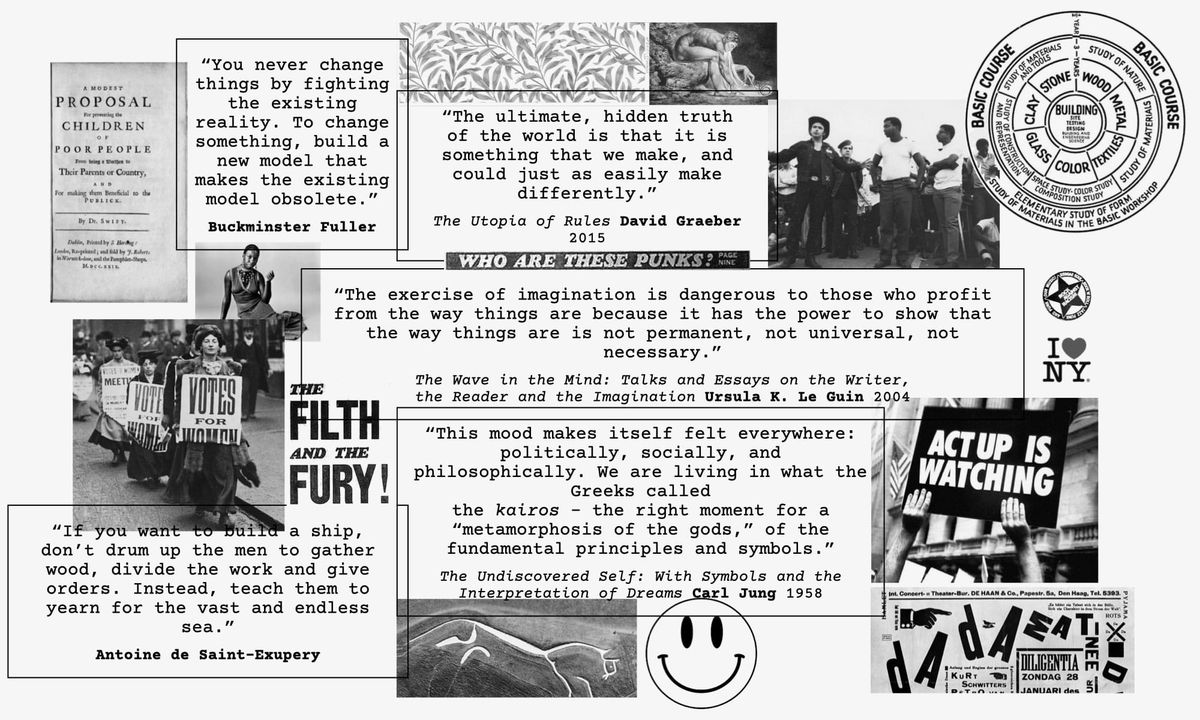 A page of Absurd inspiration, from Jonathan Swift to Act Up, The Suffragettes to Acid House