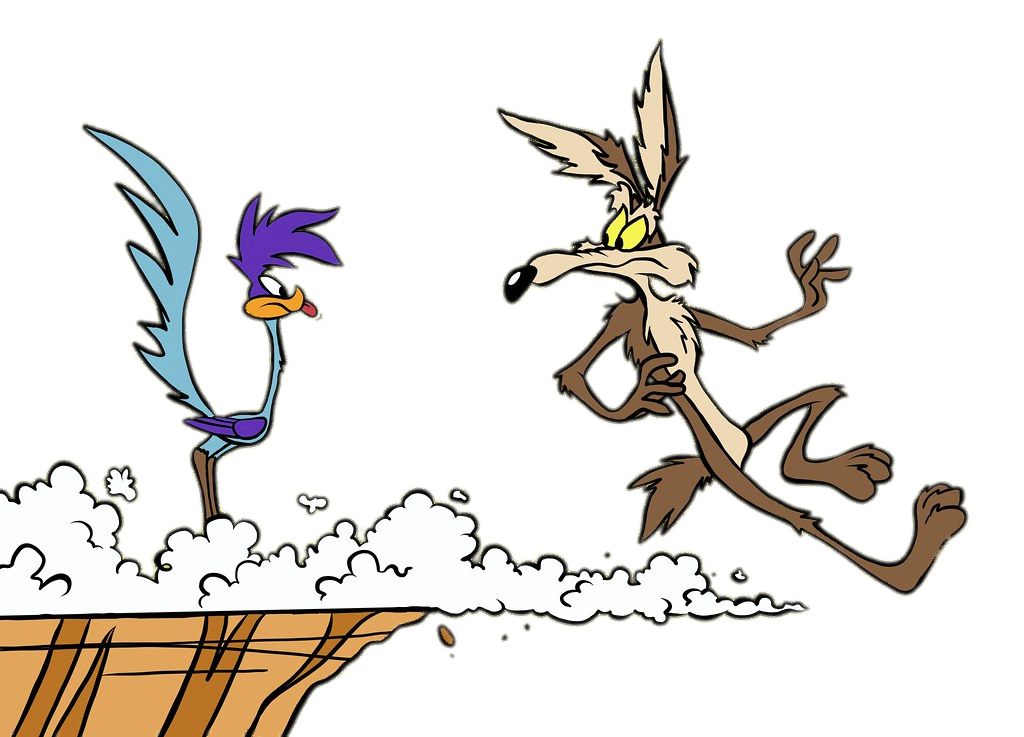 A picture of Wile E. Coyote and Roadrunner at the edge of a cliff, Wile E. Coyote having gone too far over the edg