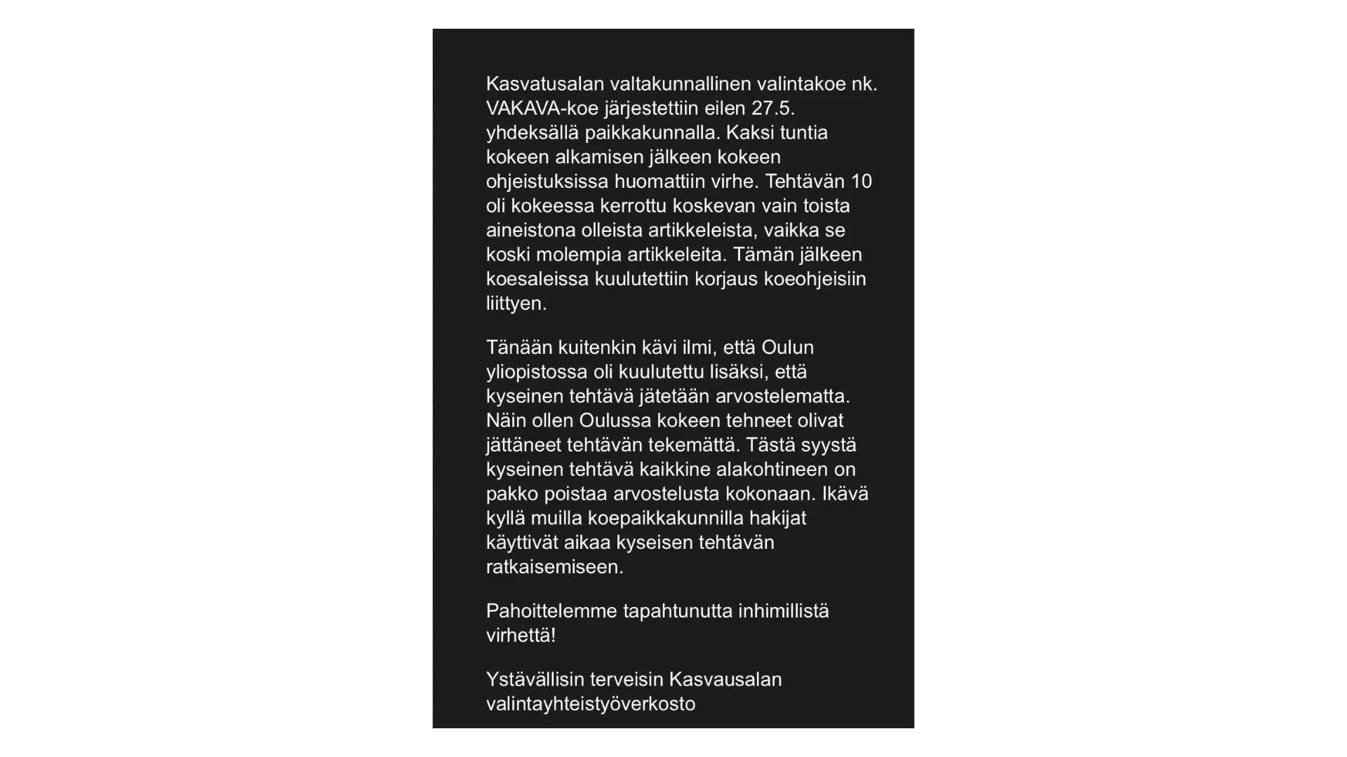 Valintakoe E / VAKAVA-koe virhe