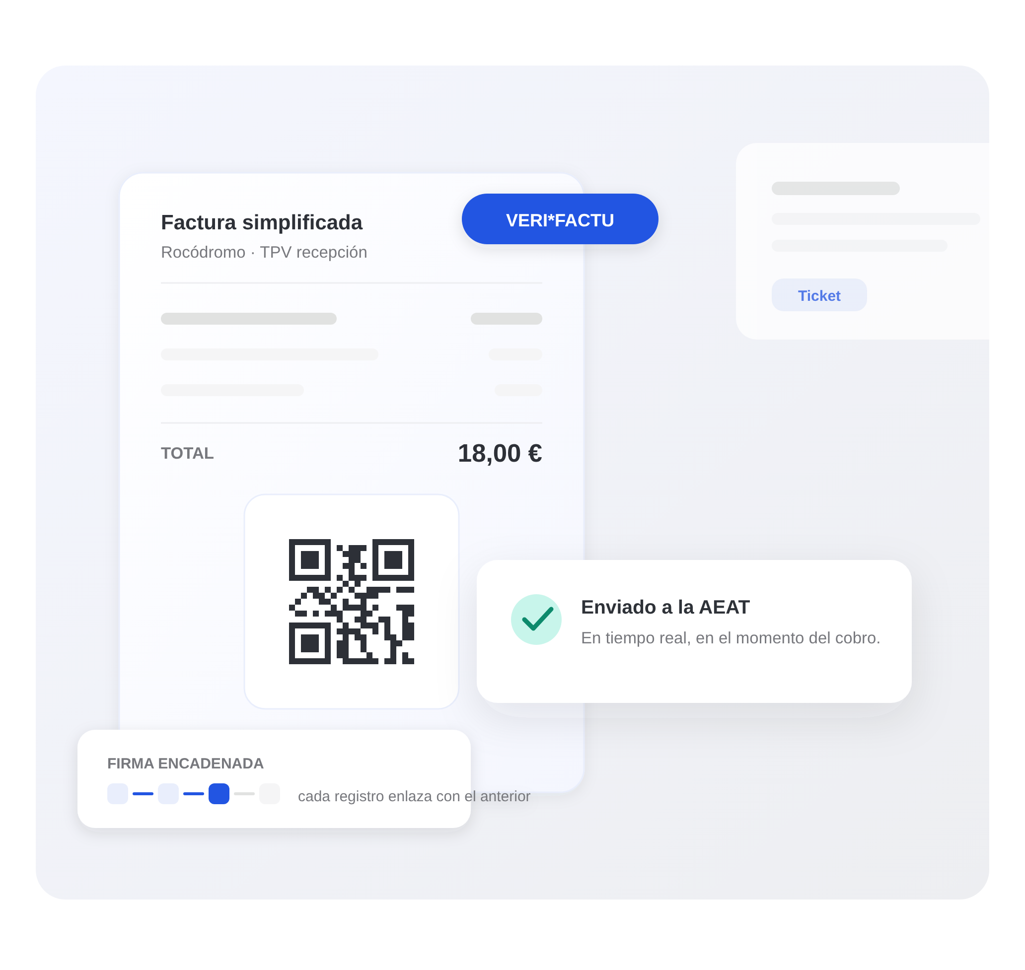 Composición ilustrativa de una factura de un rocódromo con un código QR y una indicación de registro enviado a la AEAT en modalidad VERI*FACTU.