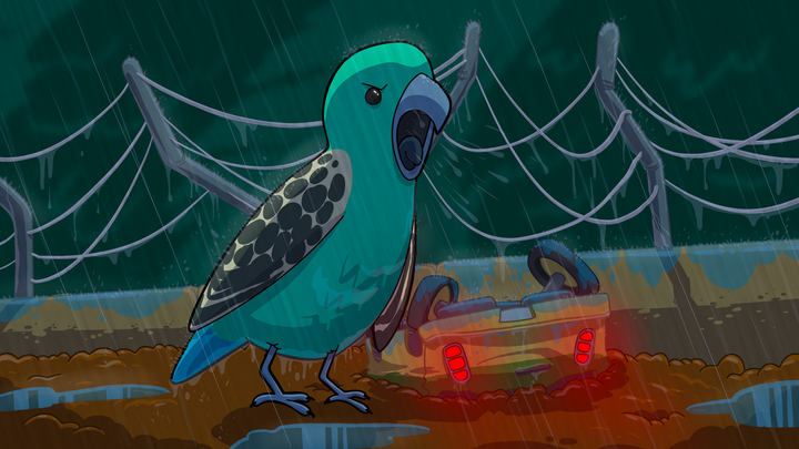 A majestic and terrifying budgie stands in the rain, screaming out in an homage to a scene in Jurassic Park.