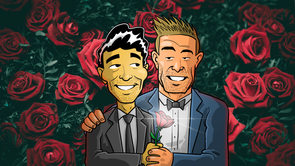 A contestant and host from The Bachelor share a tender moment and a rose against a field of roses