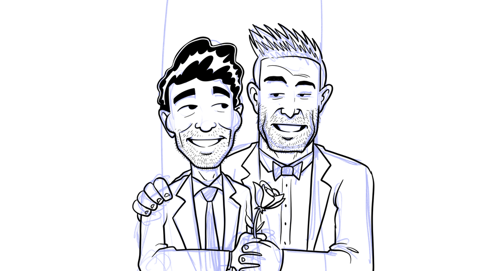 An in-progress drawing of a contestant and host from The Bachelor