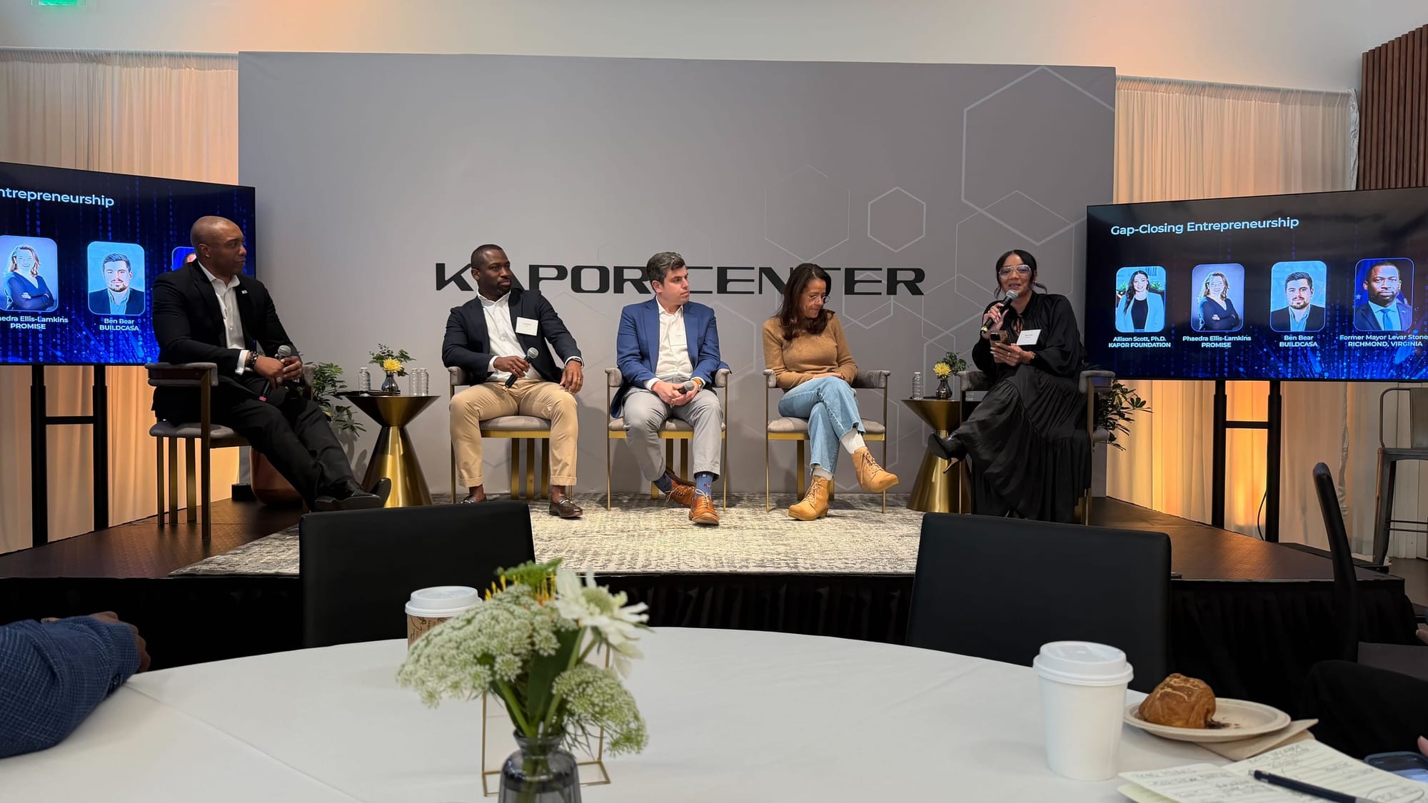 Gap-Closing Entrepreneurship panel at the Kapor Center in Oakland featuring Allison Scott Ph.D. of Kapor Foundation, Phaedra Ellis-Lamkins of Promise, Ben Bear of BuildCasa, and Former Mayor Levar Stoney of Richmond Virginia