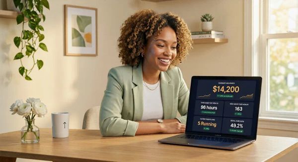 Young Black American woman entrepreneur reviewing her automation business process results on a glowing laptop in a bright cheerful office