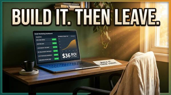 Empty desk with running email dashboard showing six active automated sequences and a $36 ROI graph — email marketing for business in 2026 running on autopilot.