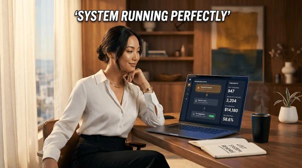 Gorgeous Asian entrepreneur in her 30s reviewing her email marketing small business results on a dark-mode dashboard at a cinematic dual-lit desk setup