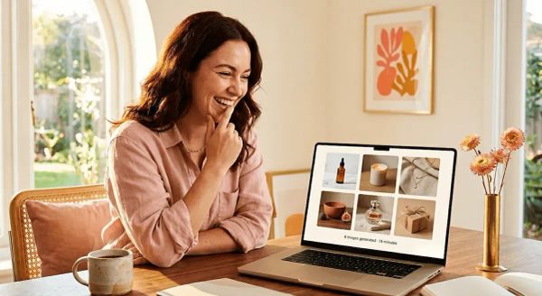 Stunning white American female entrepreneur at 25 smiling at a large laptop showing a gorgeous grid of six AI-generated product images at a sunlit walnut desk