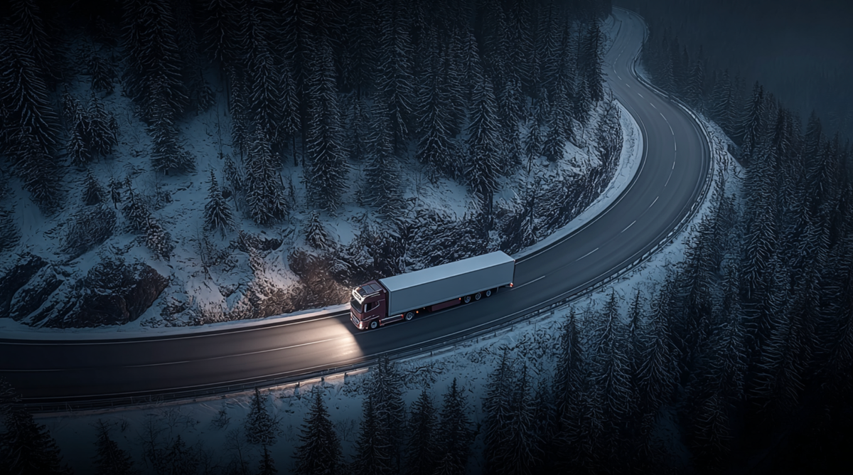 A lorry on a winding road at night, headlights glowing, cutting through a snow-covered pine forest. Aerial view showing the road curving away between the dark trees. 