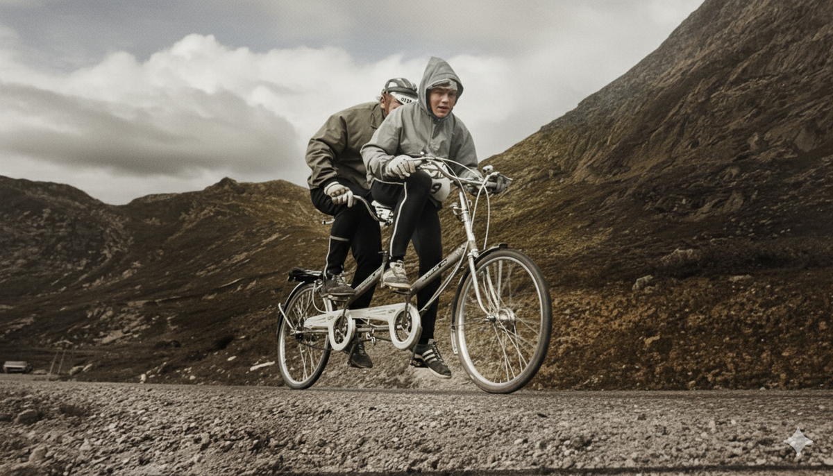 Two cyclists ride a tandem bicycle along a gravel road through a dramatic mountain landscape, with steep mossy slopes and distant peaks under a cloudy sky.