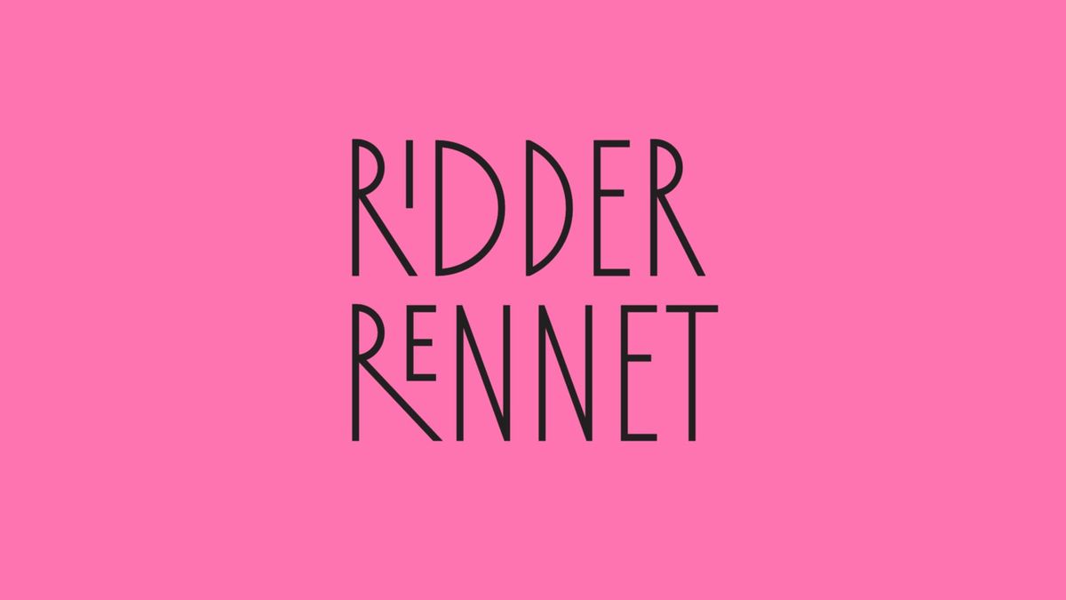 The Ridderrennet logo in stylised black Art Deco–style lettering on a pink background. The word is set on two lines: RIDDER above RENNET. 