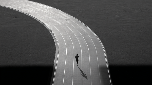 A lone runner on an empty, curving athletics track, seen from above in black and white. The runner casts a long shadow across otherwise deserted lanes.