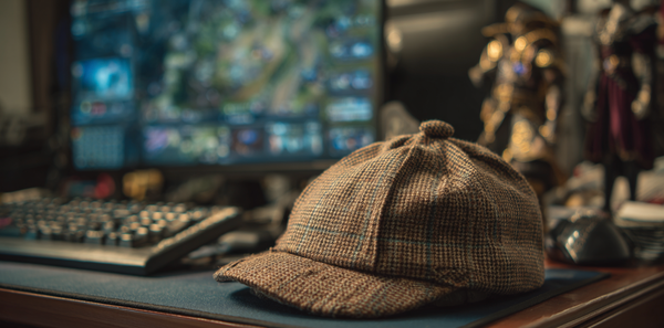 A tweed flat cap rests on a desk in the foreground. Behind it, in soft focus, a gaming PC screen and a couple of fantasy knight figurines on a shelf.