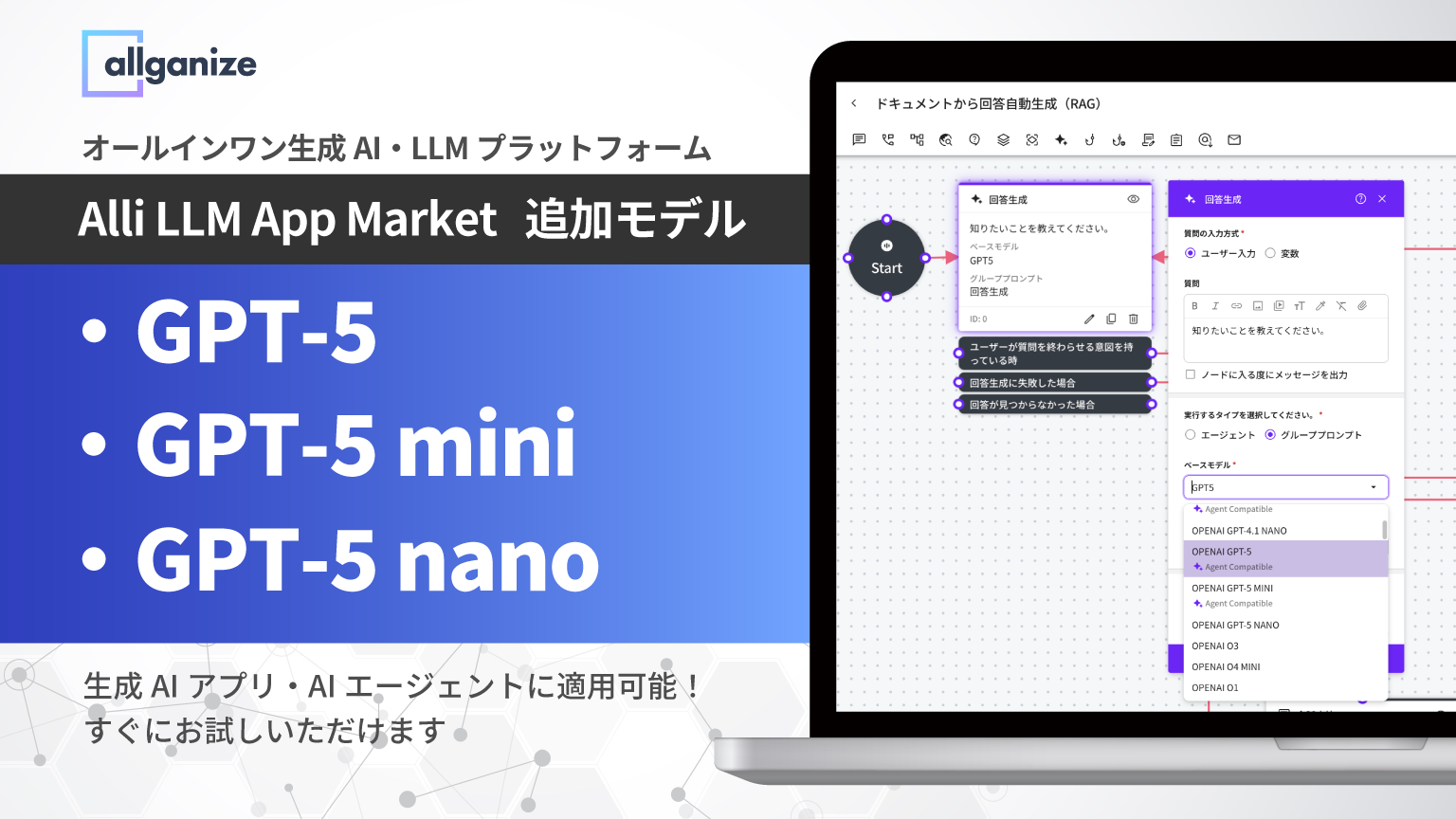 ■お知らせ■ Alli LLM App Marketにおいて、GPT-5、GPT-5 mini、GPT-5 nanoの各モデルを利用いただけます