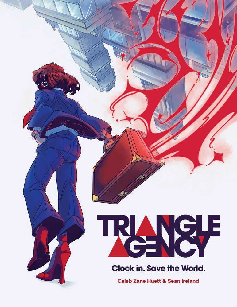 Cover of the book. Skyscrapers are upside down, a woman in a corporate back can be seen. She is transporting a totally normal briefcase from which some kind of magical looking red lightning is escaping