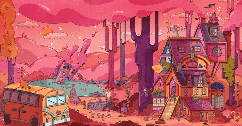 A whimsical spread. On the right we can see a pink and violet and chaotic bed and breakfast, full of small tower and almost composed of multiple connected smaller houses. A few residents and guests and workers can be seen in various activities. On the right, a clearing in the forest, with a lake with a spaceship drowning, and a bus on the front.