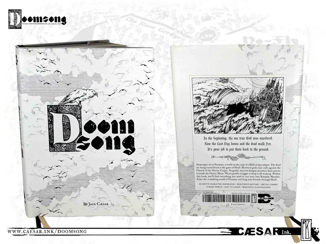 A front and back picture of the book (from a merchant website). It's totally white, with clouds and birds visible, the title written like a medieval manuscript