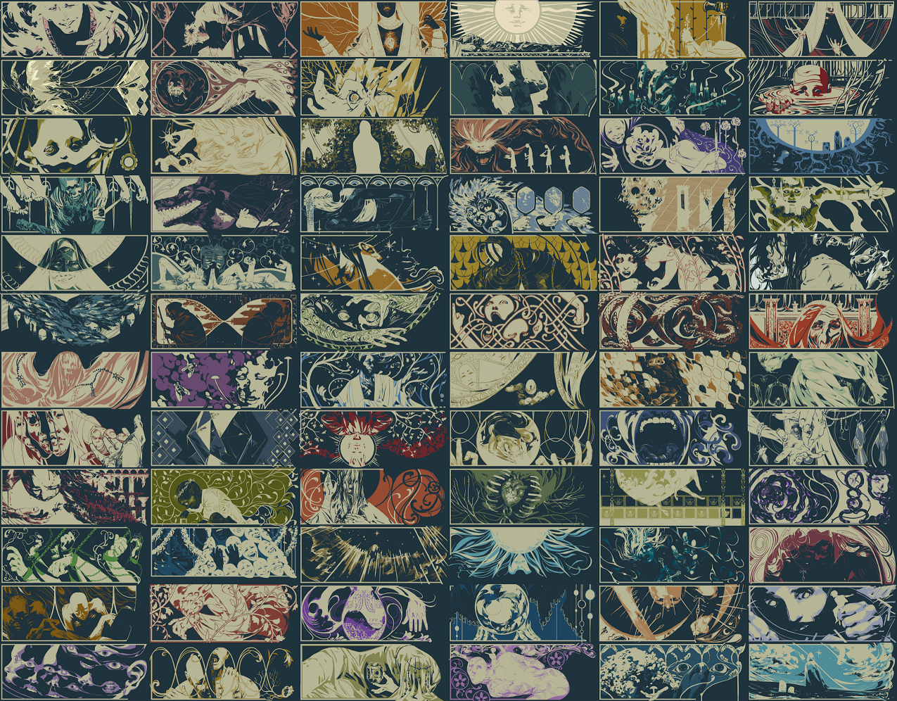 72 close up of the Seers in the game. The art style is pretty weird, like pale but still pretty intense colors that have been applied flatly, and every single one of those character is an alien looking human. Or not at all human. It's disturbing