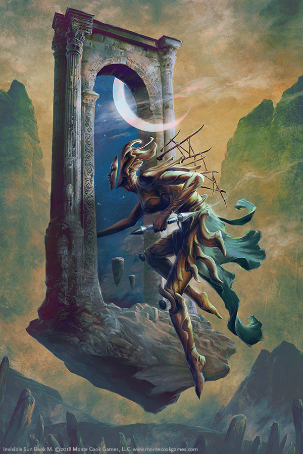 Some kind of weird fairy, with their face detached from their head, and multiple parts of their body floating around themselves. They're actually going through a floating door which leads to another dimension. A moon crescent crosses the door from the other dimensions, a part in the night looking sky and the other in this kind of canyon