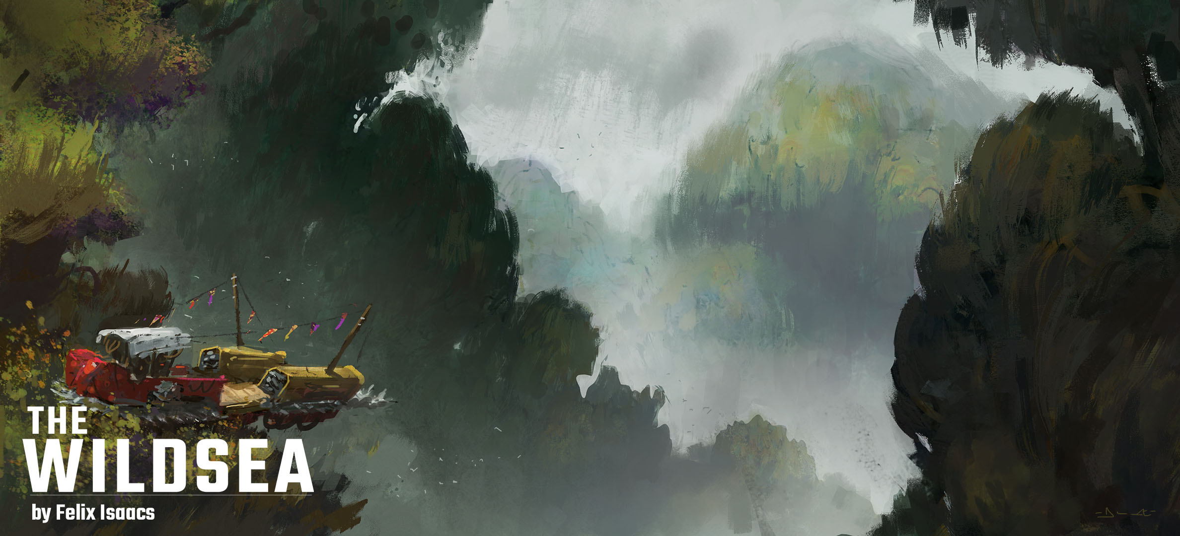 A makeshift ship posed on the very top of very big trees. There is a bit of fog, a few birds, very little colors apart from green, but still, a very calm image