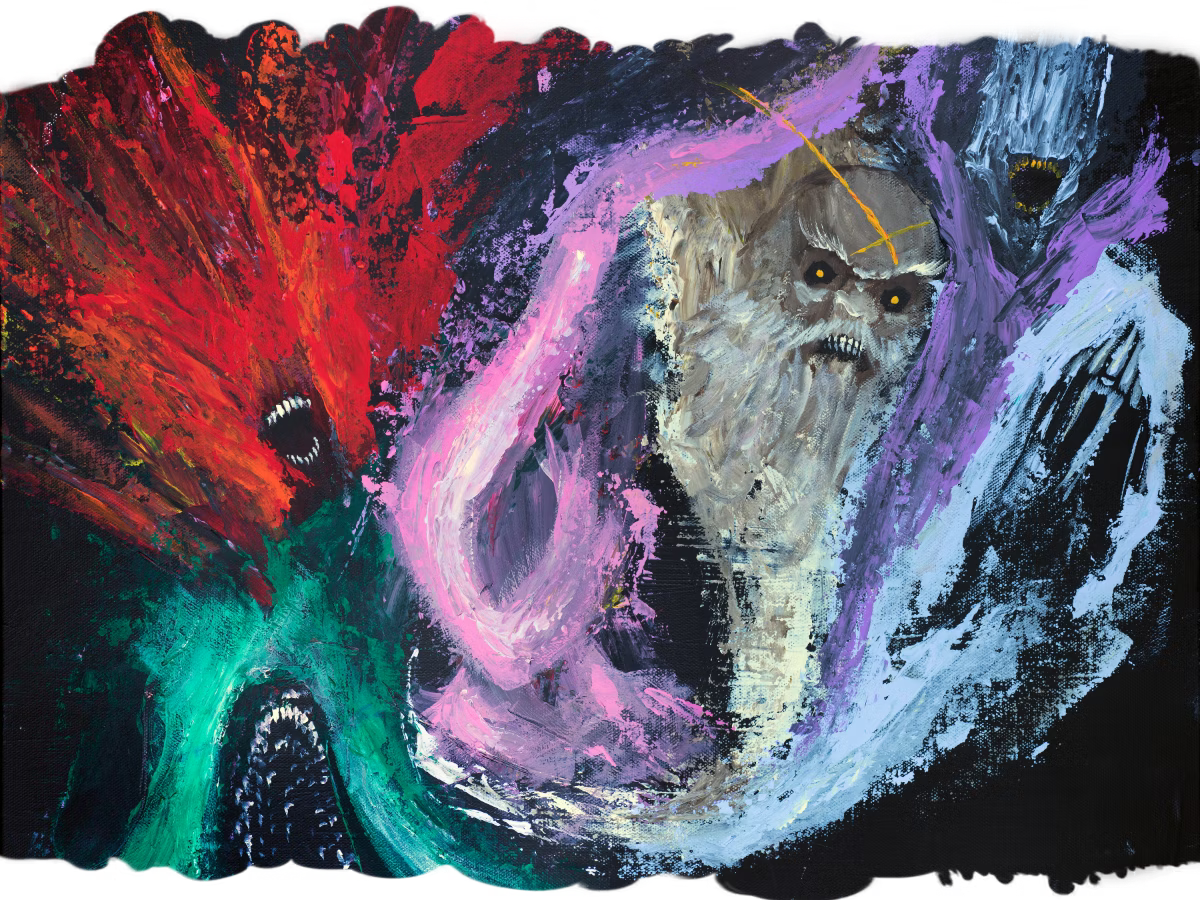 Multiple almost humanoid faces in various stage of screaming. All very alien. They're also all in very brute stroke of painting, in very different color themes. They all represent strong emotions and needs (pride, anger, hunger, grief, dominion etc)