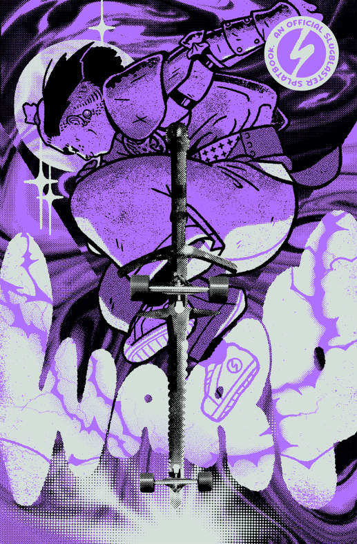 The cover for WARP, full of vibrant purple. A teen is skateboarding on a sword with 4 wheels, while the moon is shining right behind their head. It looks cool as fuck
