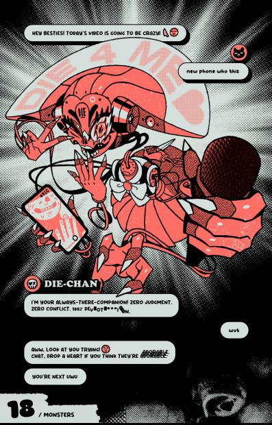 A terrifying red-pink robot, wearing schoolgirl uniform, with a big DIE 4 ME HEART. It's doing a live stream and clearly unhinged and threatening viewers to kill them