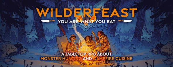 3 characters cooking, with animal like mutations (bird-like feet, hairy arms), and oversized cooking equipment, like a cleaver and pan. Behind them, in the forest, a big monster is coming