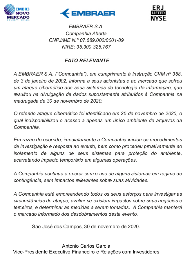 Comunicado sobre ataque cibercriminoso da Embraer 30/11/2020.