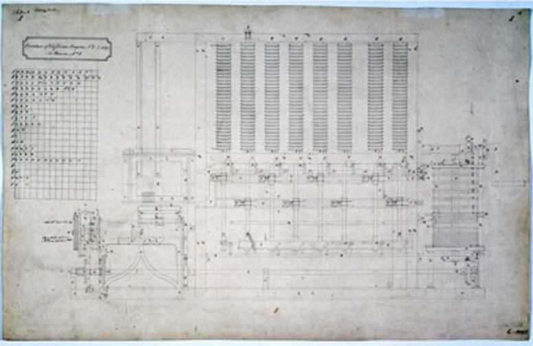 Ada Lovelace: Desenho do motor da máquina analítica de Babbage, 1848. Foto: Museu da Ciência, Londres.