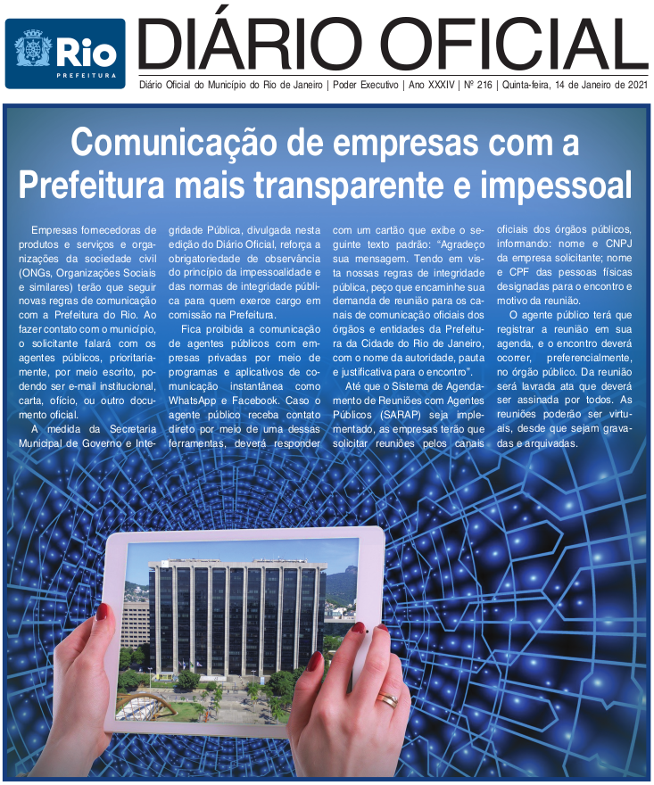 Capa do Diario Oficial no qual foi publicada a informação.