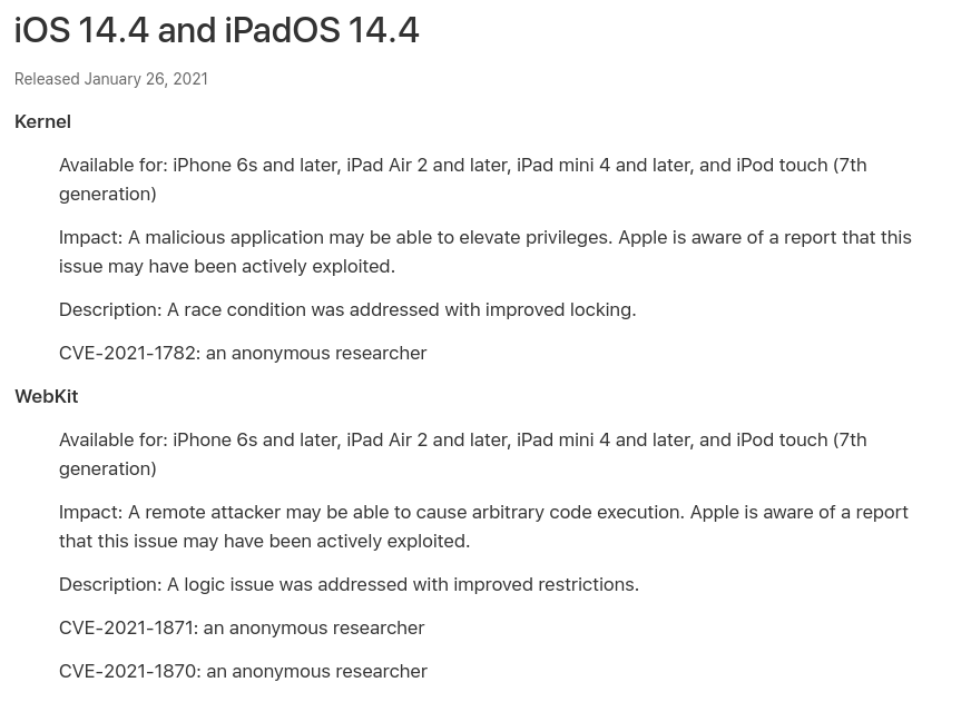 Comunicado da Apple sobre as vulnerabilidades corrigidas na versão 14.4.
