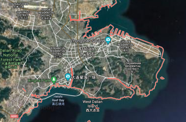 Captura de tela do Google Maps. Cidade fica próximo da fronteira com a Coréia do Norte.