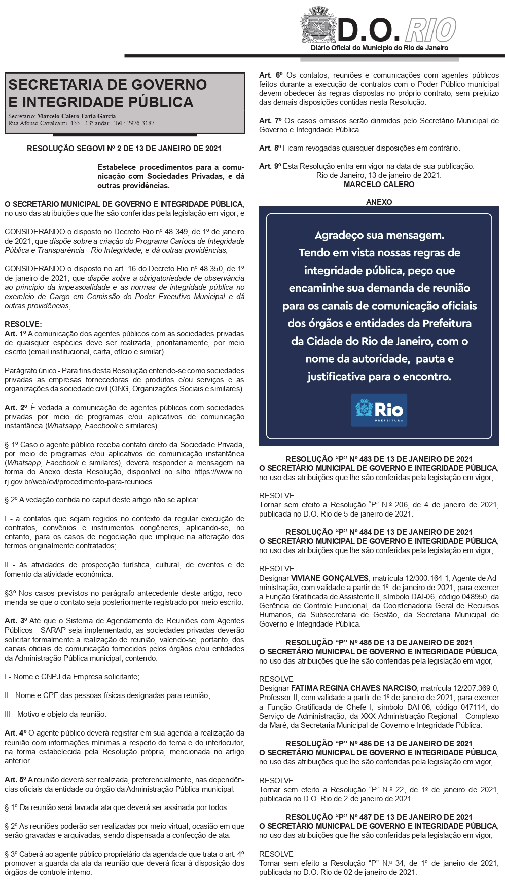 Resolução na íntegra, extrida do Diário Oficial do Rio de Janeiro.