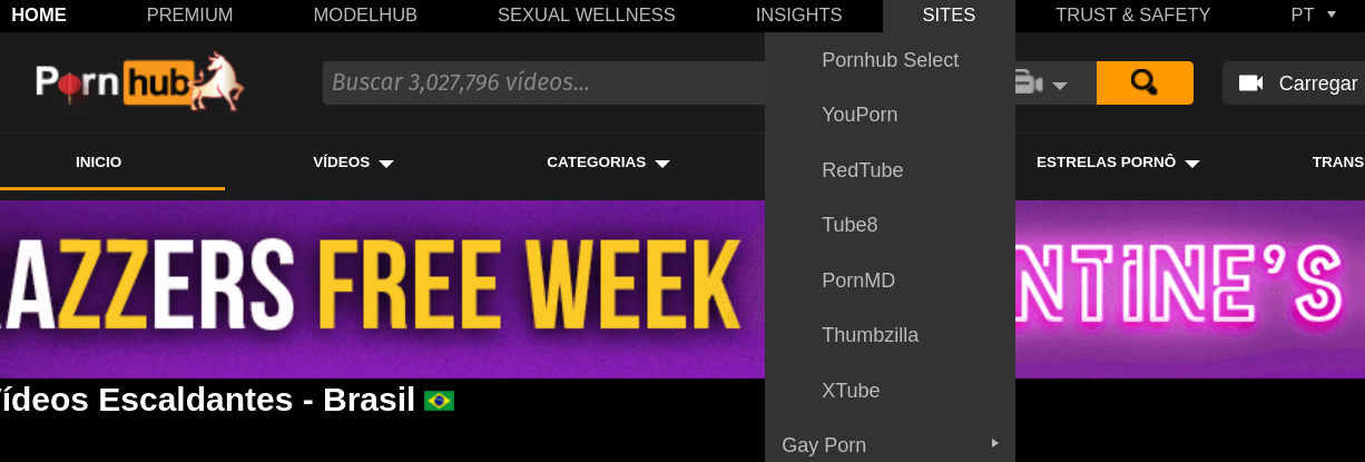 Captura de tela da home do Pornhub com a lista de sites do mesmo grupo